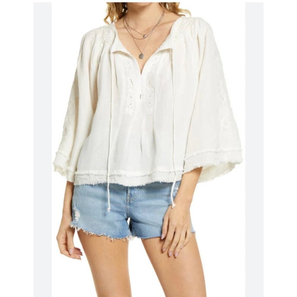 Free People Sun Valley Embroidered Fringed Top Boho Festival Cottagecore Small